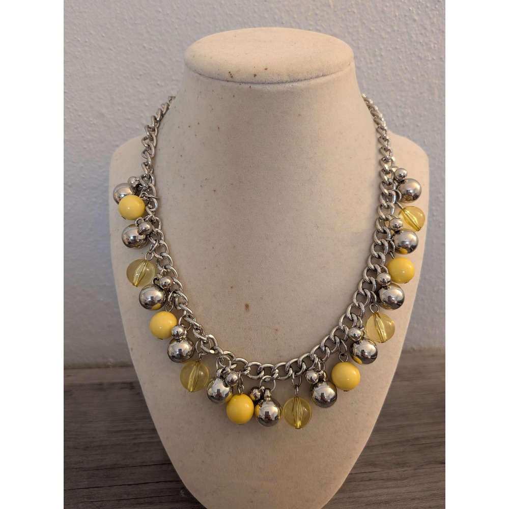 Chunky Silver‎ Tone Yellow Bead Cluster Statement Necklace Adjustable Curb Chain